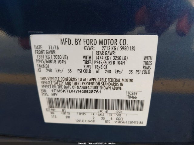 1FM5K7DH7HGB28761 Ford EXPLORER XLT