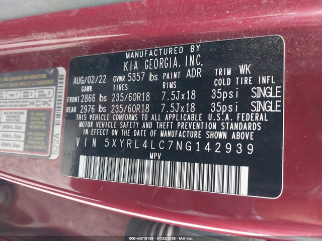 Продаж на аукціоні авто 2022 Kia Sorento S, vin: 5XYRL4LC7NG142939, номер лоту: 44218129