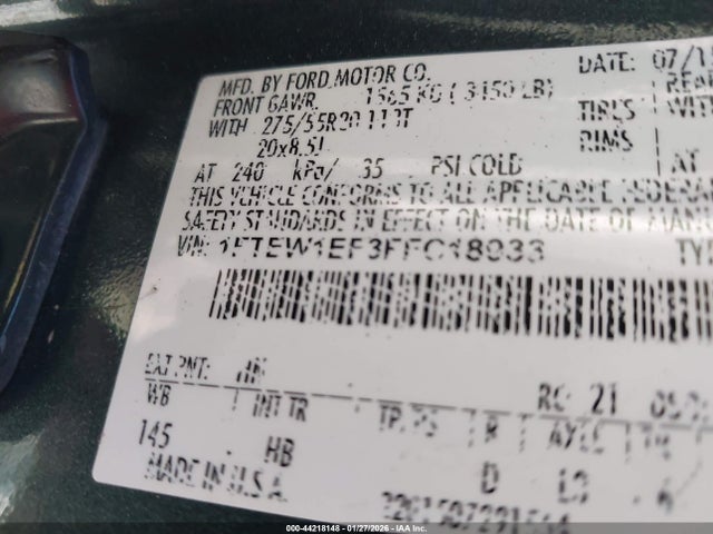 44218148 :رقم المزاد ، 1FTEW1EF3FFC18933 vin ، 2015 Ford F-150 Lariat مزاد بيع