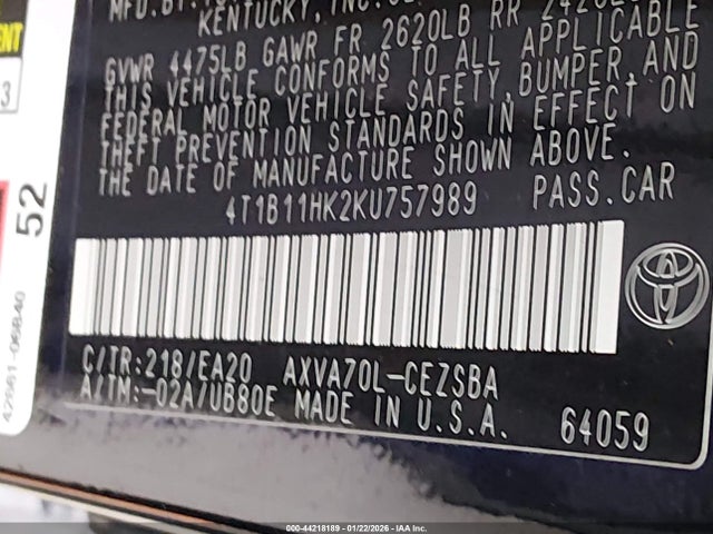 4T1B11HK2KU757989 Toyota CAMRY SE
