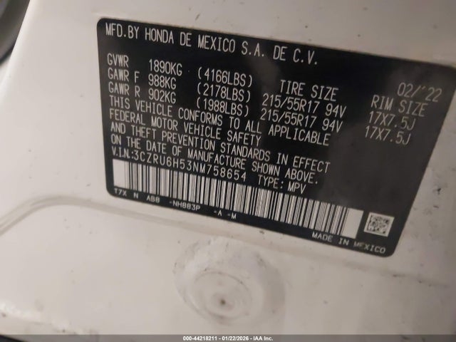 2022 Honda Hr-v Awd Ex მანქანა იყიდება აუქციონზე, vin: 3CZRU6H53NM758654, აუქციონის ნომერი: 44218211