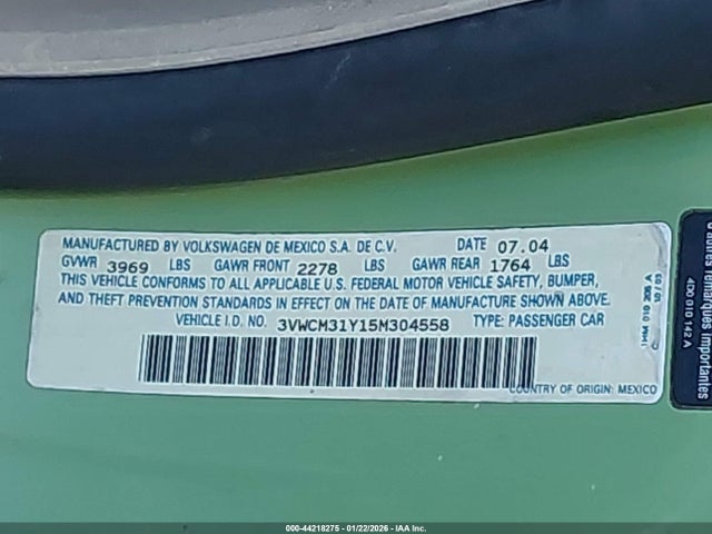 Продажа на аукционе авто 2005 Volkswagen New Beetle Gls, vin: 3VWCM31Y15M304558, номер лота: 44218275