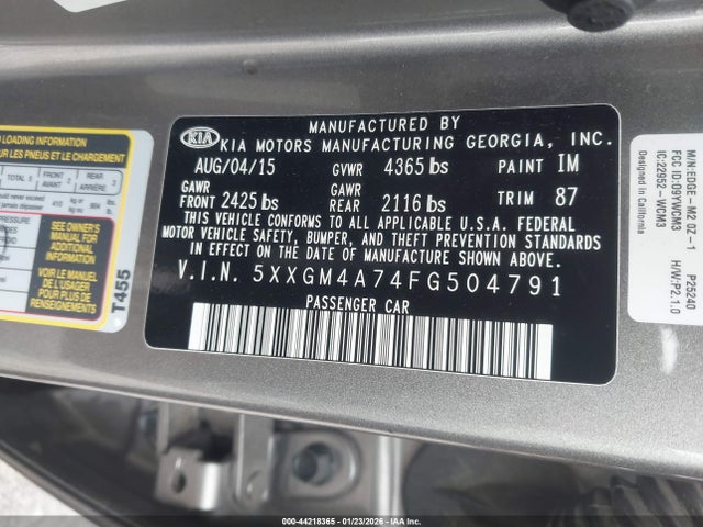 Aukcja sprzedaży 2015 Kia Optima Lx, vin: 5XXGM4A74FG504791, numer aukcji: 44218365