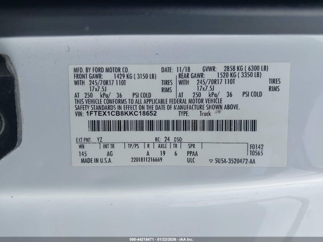 44218471 :رقم المزاد ، 1FTEX1CB8KKC18652 vin ، 2019 Ford F-150 Xl مزاد بيع