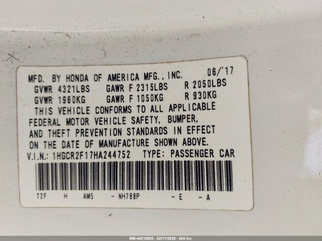 1HGCR2F17HA244752 Honda Accord Sport Se