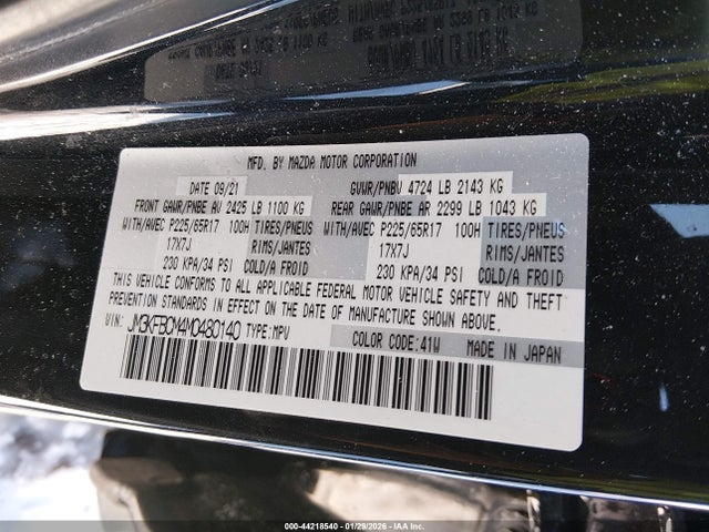 44218540 :رقم المزاد ، JM3KFBCM4M0480140 vin ، 2021 Mazda Cx-5 Touring مزاد بيع