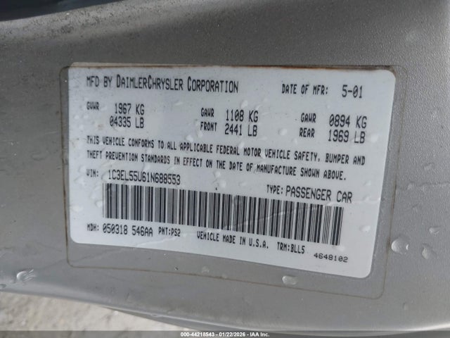 44218543 :رقم المزاد ، 1C3EL55U61N688553 vin ، 2001 Chrysler Sebring Lxi مزاد بيع