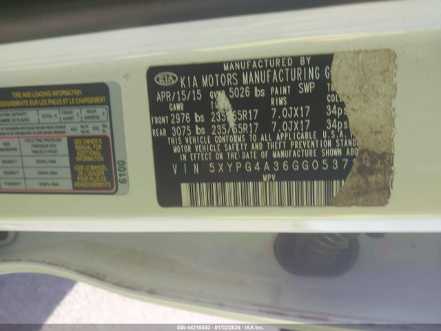 5XYPG4A36GG053736 KIA Sorento 2.4l Lx