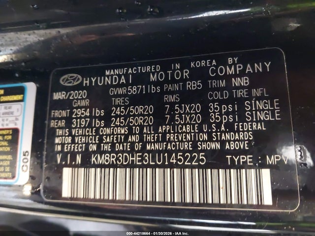 Продажа на аукционе авто 2020 Hyundai Palisade Sel, vin: KM8R3DHE3LU145225, номер лота: 44218664