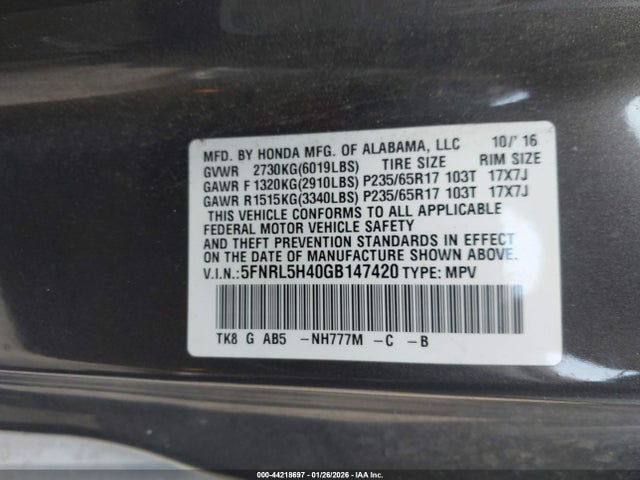 5FNRL5H40GB147420 Honda ODYSSEY EX