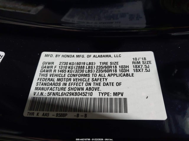 44218799 :رقم المزاد ، 5FNRL6H29KB045210 vin ، 2019 Honda Odyssey Lx مزاد بيع