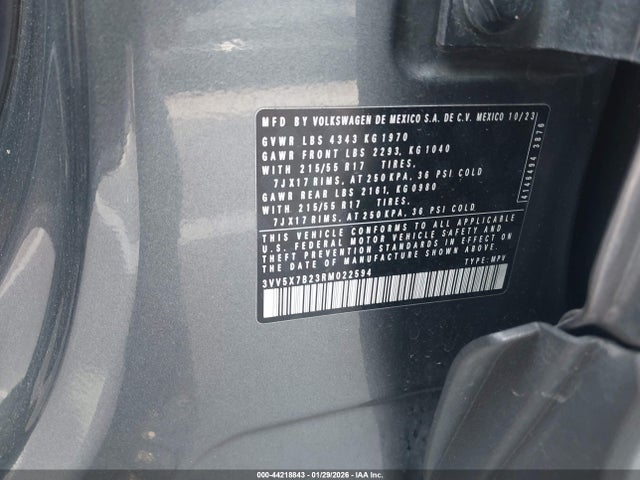 44218843 :رقم المزاد ، 3VV5X7B23RM022594 vin ، 2024 Volkswagen Taos 1.5t S مزاد بيع