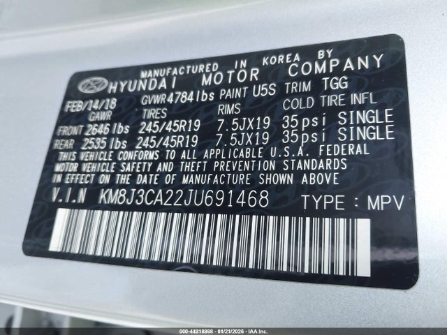Aukcja sprzedaży 2018 Hyundai Tucson Value, vin: KM8J3CA22JU691468, numer aukcji: 44218868