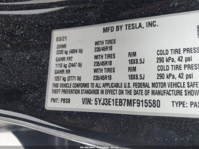 Продажа на аукционе авто 2021 Tesla Model 3 Long Range Dual Motor All-wheel Drive, vin: 5YJ3E1EB7MF915580, номер лота: 44218943