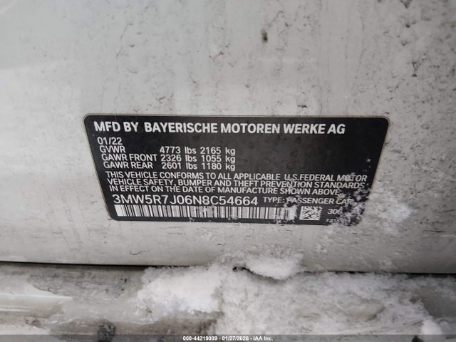 2022 Bmw 330i Xdrive მანქანა იყიდება აუქციონზე, vin: 3MW5R7J06N8C54664, აუქციონის ნომერი: 44219009