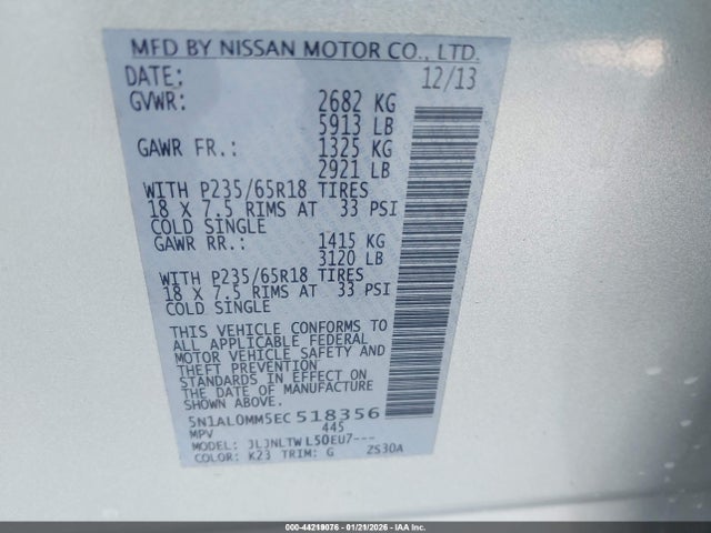 2014 Infiniti Qx60 მანქანა იყიდება აუქციონზე, vin: 5N1AL0MM5EC518356, აუქციონის ნომერი: 44219076