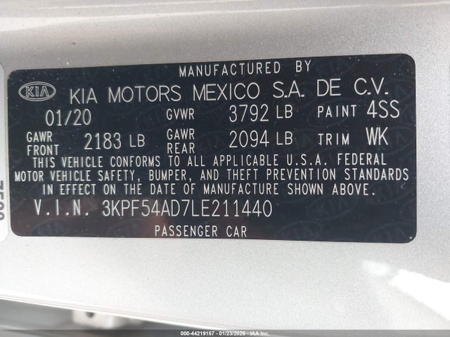 Продажа на аукционе авто 2020 Kia Forte Ex, vin: 3KPF54AD7LE211440, номер лота: 44219157