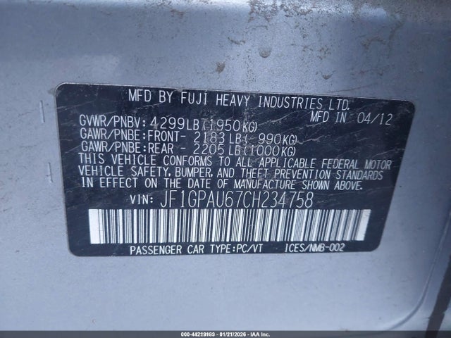 44219183 :رقم المزاد ، JF1GPAU67CH234758 vin ، 2012 Subaru Impreza 2.0i Sport Limited مزاد بيع