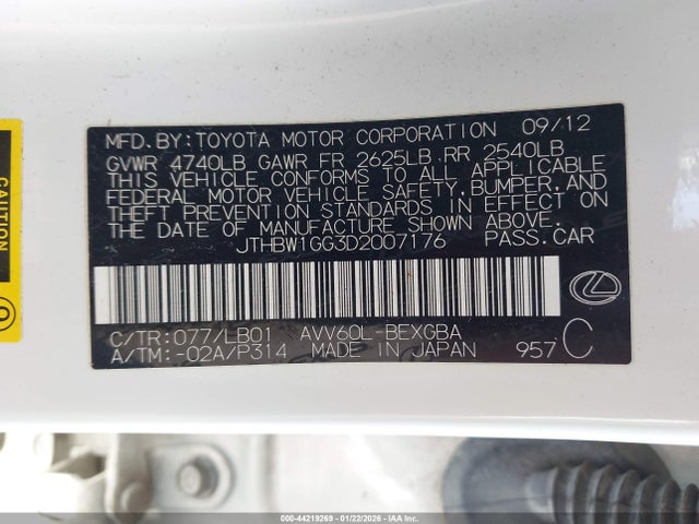 Aukcja sprzedaży 2013 Lexus Es 300h, vin: JTHBW1GG3D2007176, numer aukcji: 44219269