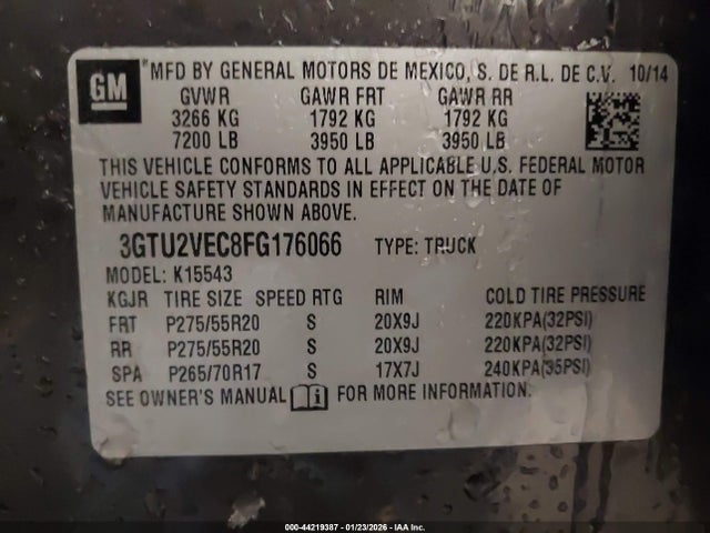 44219387 :رقم المزاد ، 3GTU2VEC8FG176066 vin ، 2015 Gmc Sierra 1500 Slt مزاد بيع