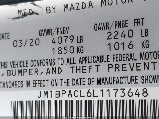44219407 :رقم المزاد ، JM1BPACL6L1173648 vin ، 2020 Mazda Mazda3 Select Package مزاد بيع
