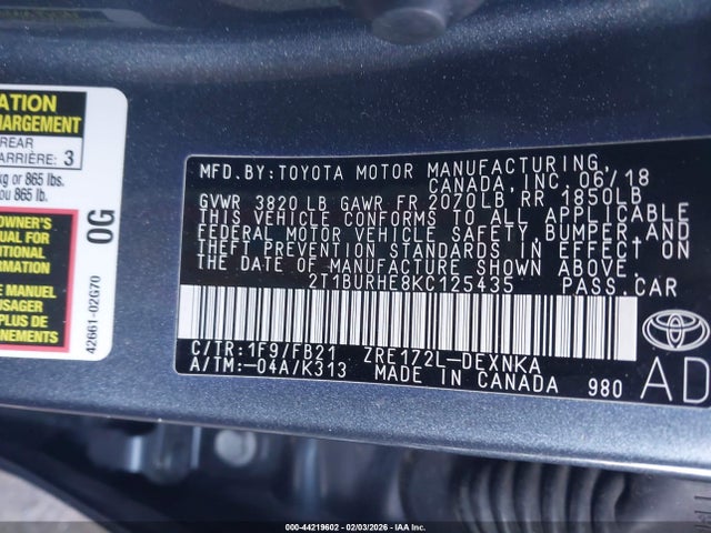 2019 TOYOTA COROLLA 2T1BURHE8KC125435 Photo 8