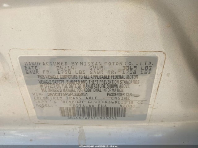 Nissan Versa 1.6 S 2015 3N1CN7AP5FL805851 Image 9