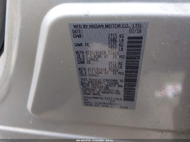 44219730 :رقم المزاد ، 5N1AL0MN7GC502204 vin ، 2016 Infiniti Qx60 مزاد بيع