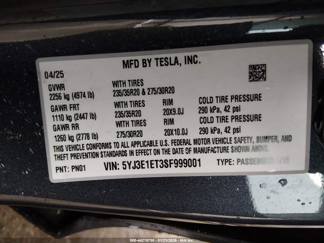 Продажа на аукционе авто 2025 Tesla Model 3 Performance All-wheel Drive, vin: 5YJ3E1ET3SF999001, номер лота: 44219750