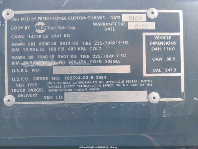 Продаж на аукціоні авто 2004 Freightliner Chassis M Line Walk-in Van, vin: 4UZAANCP74CL86052, номер лоту: 44219827