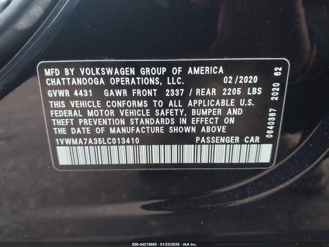 2020 Volkswagen Passat 2.0t R-line მანქანა იყიდება აუქციონზე, vin: 1VWMA7A35LC013410, აუქციონის ნომერი: 44219860