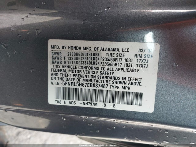 5FNRL5H67EB087487 Honda Odyssey Ex-l