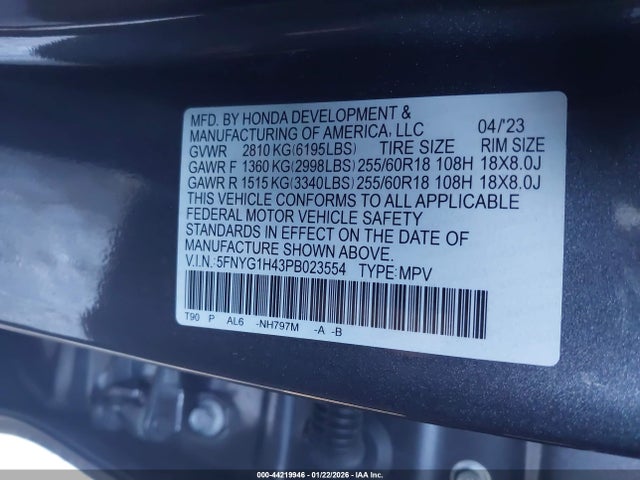 5FNYG1H43PB023554 Honda Pilot Awd Ex-l 8 Passenger