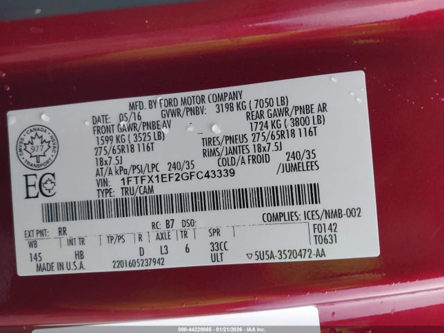 Ford F-150 Lariat 2016 1FTFX1EF2GFC43339 Image 9