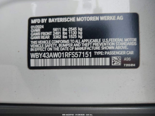 Продаж на аукціоні авто 2024 Bmw I4 Gran Coupe Edrive35, vin: WBY43AW01RFS57151, номер лоту: 44220163