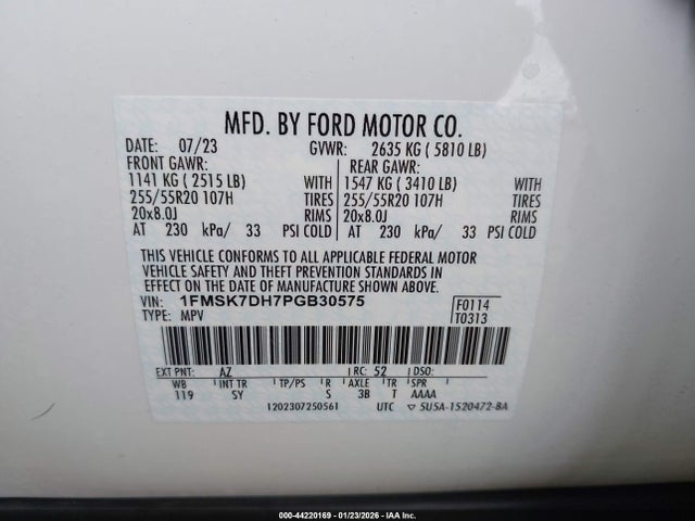 Продаж на аукціоні авто 2023 Ford Explorer Xlt, vin: 1FMSK7DH7PGB30575, номер лоту: 44220169