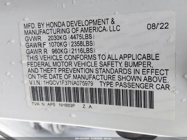 1HGCV1F37NA075979 Honda Accord Sport