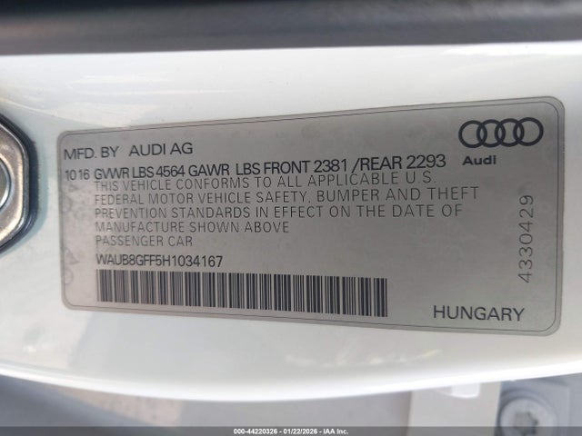 Aukcja sprzedaży 2017 Audi A3 2.0t Premium, vin: WAUB8GFF5H1034167, numer aukcji: 44220326