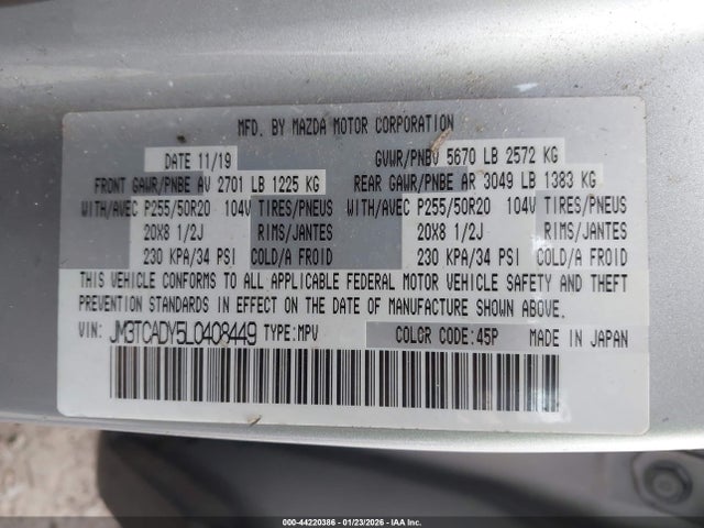Aukcja sprzedaży 2020 Mazda Cx-9 Grand Touring, vin: JM3TCADY5L0408449, numer aukcji: 44220386