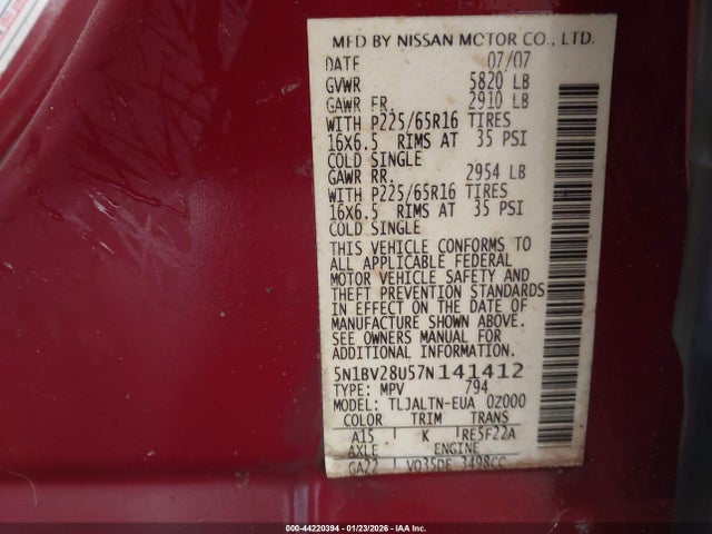 2007 NISSAN QUEST 5N1BV28U57N141412 Photo 8