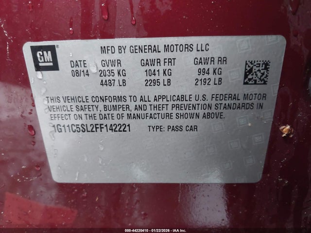 Aukcja sprzedaży 2015 Chevrolet Malibu 1lt, vin: 1G11C5SL2FF142221, numer aukcji: 44220410
