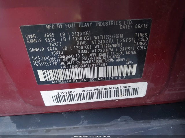 Subaru Outback 2.5i Limited 2015 4S4BSBJC7F3356407 Image 9