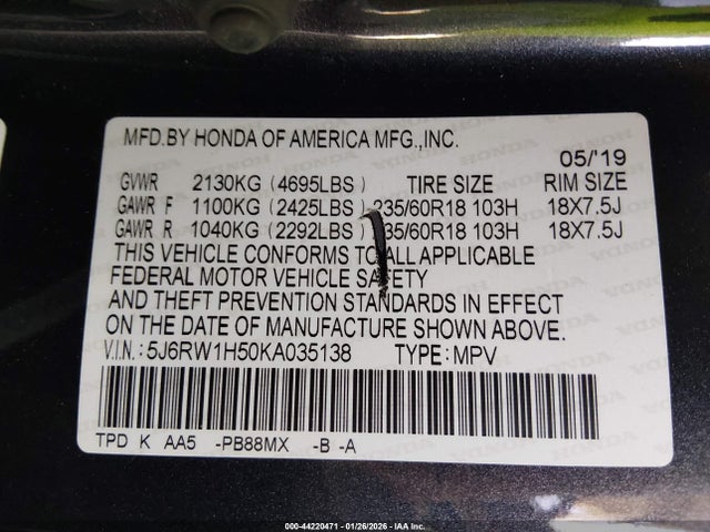5J6RW1H50KA035138 Honda CR-V EX