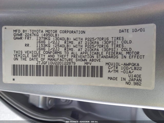 Aukcja sprzedaży 2002 Lexus Rx 300, vin: JTJGF10U220122879, numer aukcji: 44220475