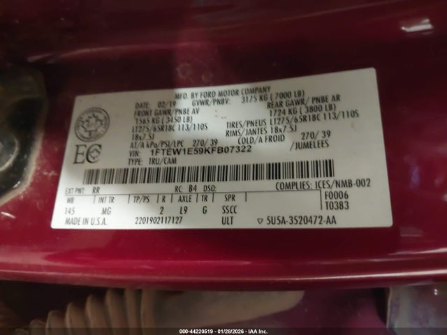 44220519 :رقم المزاد ، 1FTEW1E59KFB07322 vin ، 2019 Ford F-150 Xlt مزاد بيع