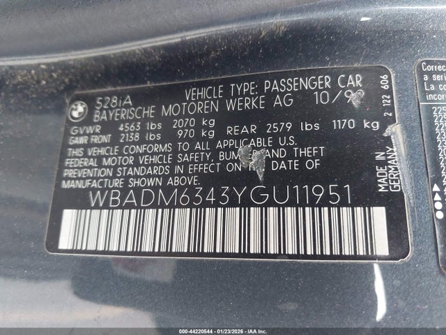 2000 Bmw 528ia მანქანა იყიდება აუქციონზე, vin: WBADM6343YGU11951, აუქციონის ნომერი: 44220544