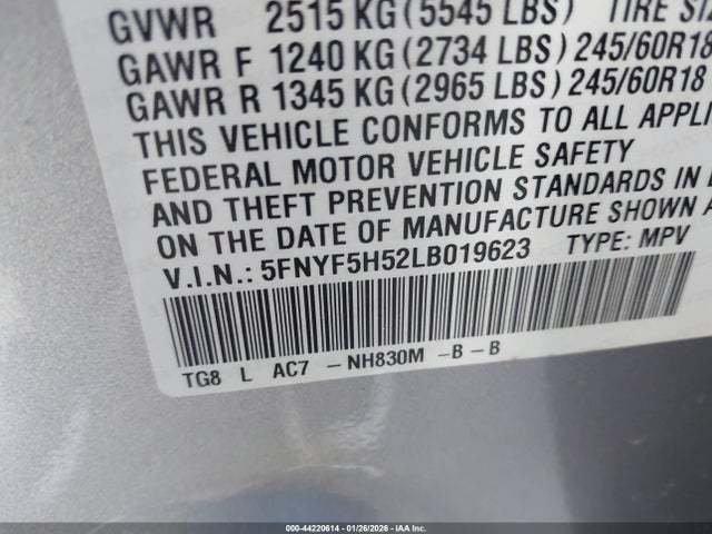 5FNYF5H52LB019623 Honda Pilot 2wd Ex-l