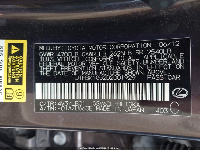 Продажа на аукционе авто 2013 Lexus Es 350, vin: JTHBK1GG2D2001929, номер лота: 44220654