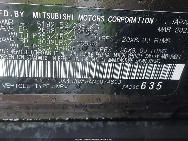 Продаж на аукціоні авто 2022 Mitsubishi Outlander Sel 2.5 2wd/sel Special Edition 2wd, vin: JA4J3VA84NZ074693, номер лоту: 44220689