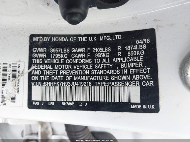 SHHFK7H93JU419218 Honda Civic Sport Touring